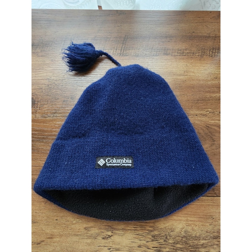 Vintage Columbia Wool Knit Beanie Hat Outdoor Hiking Winter Blue Canada Made OS